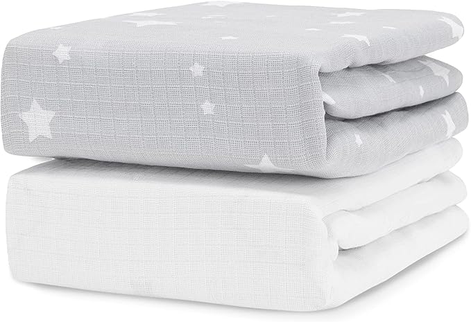 Newton Baby Fitted Single Layer Crib Sheet (2-Pack) - Ultra Breathable and Soft, Organic Cotton, Fits All Standard Cribs, Stardust Grey & Plain White