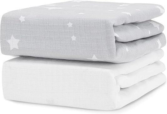 Newton Baby Fitted Single Layer Crib Sheet (2-Pack) - Ultra Breathable and Soft, Organic Cotton, Fits All Standard Cribs, Stardust Grey & Plain White