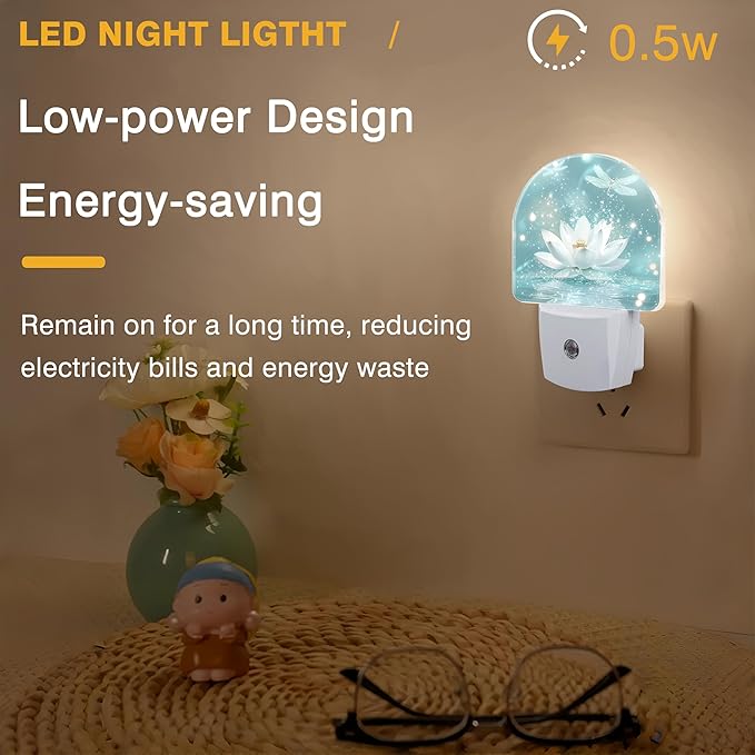 Night Lights Plug into Wall White Lotus and Dragonfly Night Light Dusk to Dawn Smart Sensor Decorative Round Led Lamp for Bedroom Kitchen Hallway Nightlight for Women Men