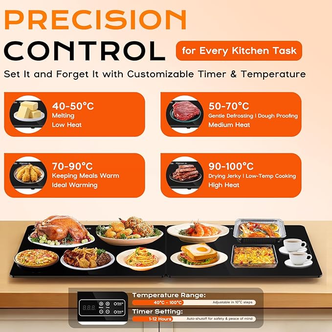 Electric Warming Mat for Food 32" x 12", Tempered Glass Top,Food Warmer Tray for Countertop, Parties Buffet,Gatherings,Adjustable 104–212°F with 1–12h Timer,Built-in Thermostat & Overheat Protection
