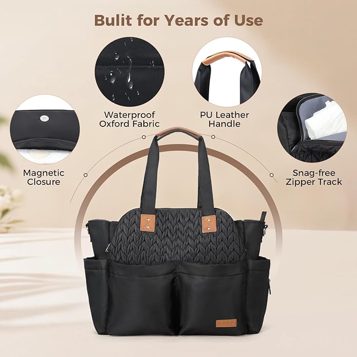 Lekebaby Diaper Bag Tote, Large Diaper Bags Waterproof,Large Mommy Bag Tote Bag Handbag Pink Travel, Black and Beige