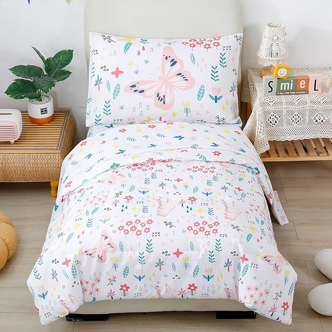 PERFEMET Girls Floral Comforter Set 4 Pieces Flower Bedding Set for Twin Bed Botanical Trees Leaves Butterfly Pattern Comforter for Teens Kids Bed in a Bag for All Seasons(White, Twin)