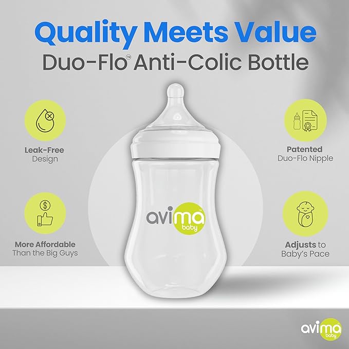 Avima Baby 9 oz Anti Colic Baby Bottles for Breastfed Babies - Medium Flow Nipples, Wide Neck Bottles, BPA Free - 3-6 Months, Stage 2 (Set of 6)