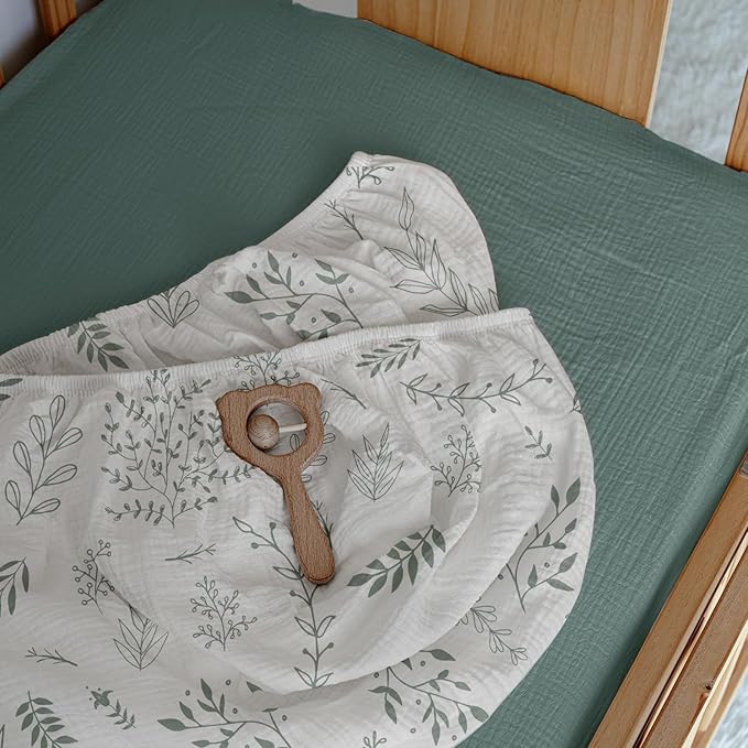 Muslin Mini Crib Sheets, 2 Pack for Baby Boy and Girl, Soft Breathable Stretchy Baby Pack N Play Mattress and Mini Cribs Sheet, Universal Fitted Portable/Mini Crib Mattresses (Natural Leaves)