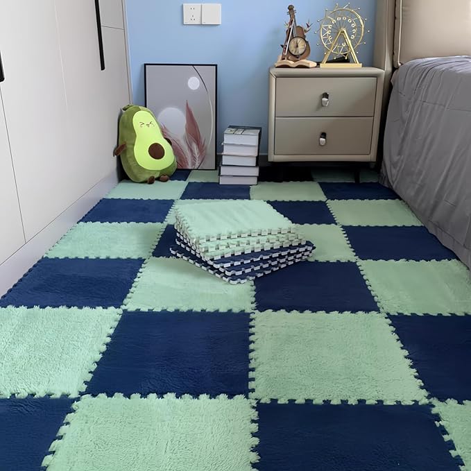 16pcs 0.6" Thickened Interlocking Tile Mats,Fluffy Shaggy Soft EVA Foam Area Rug for Living Room&Bedroom,Non-Slip Protective Floor Carpet Play Mat Kids Baby Dorm Home Decor 11.8ft (Navy Blue)