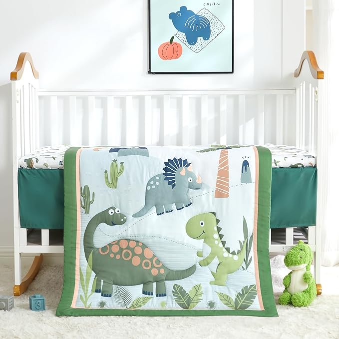 Wowelife Dinosaur Crib Bedding Set for Boys Green, Premium 3-Piece Baby Bedding Set, Nursery Crib Set, Newborn, Infant & Toddler Nursery Bed Set, Green Dinosaur