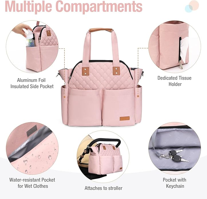 Lekebaby Diaper Bag Tote, Large Diaper Bags Waterproof,Large Mommy Bag Tote Bag Handbag Pink Travel, Black and Beige