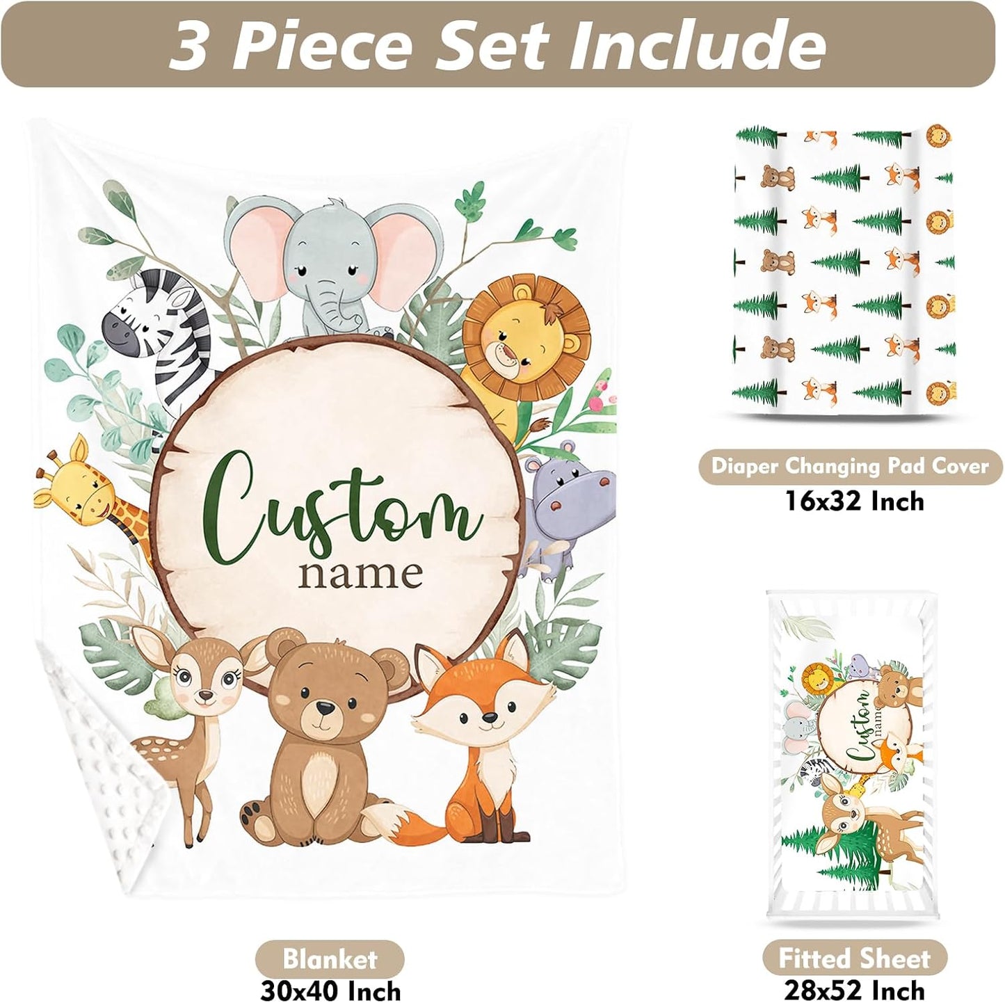Custom Name Crib Bedding Set - Animal Theme, Personalized Nursery Bedding 3-Piece Set– Soft Blanket, Fitted Sheet, Changing Pad Cover – for Newborns Boys Girls Nursery Gifts