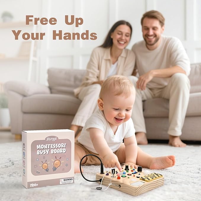 Joyreal Busy Board with 22 LED Light - Montessori Toys for 1 2 3 Years Old, Wooden Toddler Sensory Board for Kids with Autism, Fidget Board Travel Toys for 1+ Year Old Boy & Girl Birthday Gift (Big)