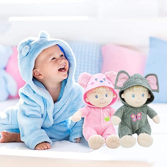 June Garden 12" Sweet Dolly Jacqueline - Stuffed Ultra Soft Baby Elephant Doll for Birth and Up - Removable Grey Outfit
