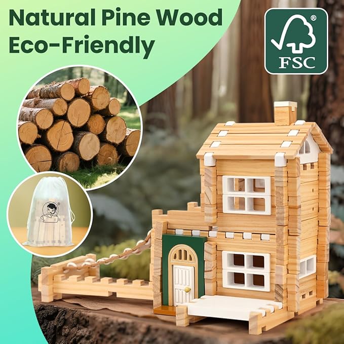 Jovi-mindly＆Notchies 107 Pcs Wooden Blocks Toys with Door and Windows,Classic Old Fashioned Toys,Wooden Building Blocks for Kids Ages 4-8 Boys and Girls,FSC Certified,Halloween Gifts