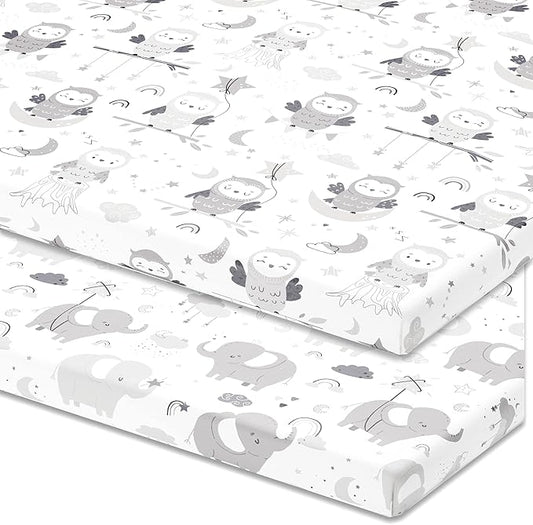 Pack and Play Sheets Fitted – Compatible with 4moms Breeze Plus Playard and Other Large Playpen Mattress – Snuggly Soft 100% Jersey Cotton – 2 Pack Play Yard Sheet Set for Boys & Girls