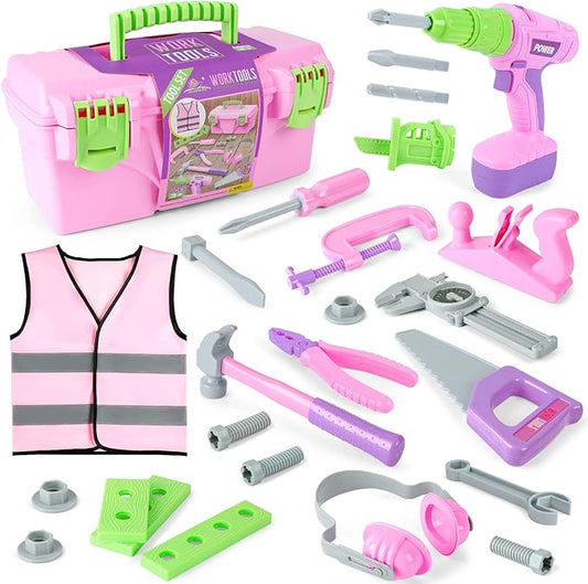 Kids Tool Set, Pink Toy Tool Set for Girls with Electric Drill, Hammer, Planer, Working Vest, Accessories and Storage Box, Construction Pretend STEM Toy Tool Kit for Toddlers Age 3 Years and Up