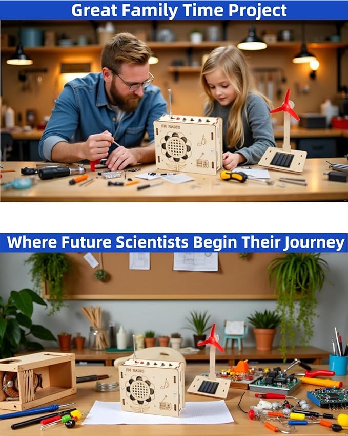 DIY FM Radio Kit and Solar Fan Kit, Electronic Science Project with PCB, Speaker, Case, Assembly Tools,Gifts for Smart Kids