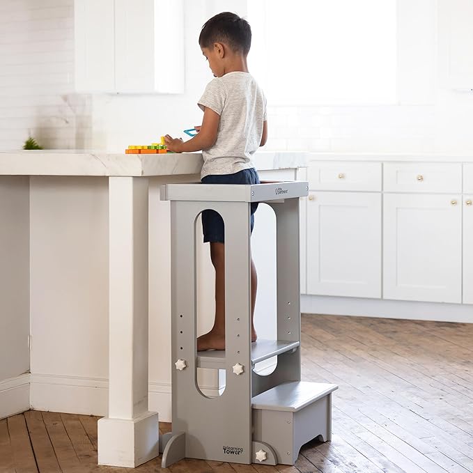 Little Partners Foldable Toddler Tower, Learning Tower Explore 'N Store Montessori Standing Kitchen Tower with Folding Step Stool Platform for Cooking and Learning, Ages 2+ (Silver Drop)
