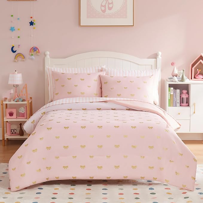 Full Size Comforter Sets with Sheets for Girls-7 Pieces Full Size Bedding Sets with Pink Comforter, Sheets, Pillowcases & Shams for Kids (Pink Gold Bow, 76" X 86")