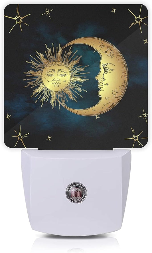Celestial Moon Golden Sun Night Light,Boho Chic Stars Night Lights Plug into Wall with Dusk to Dawn Light Sensors 0.5W Dim Night-Lights for Bedroom