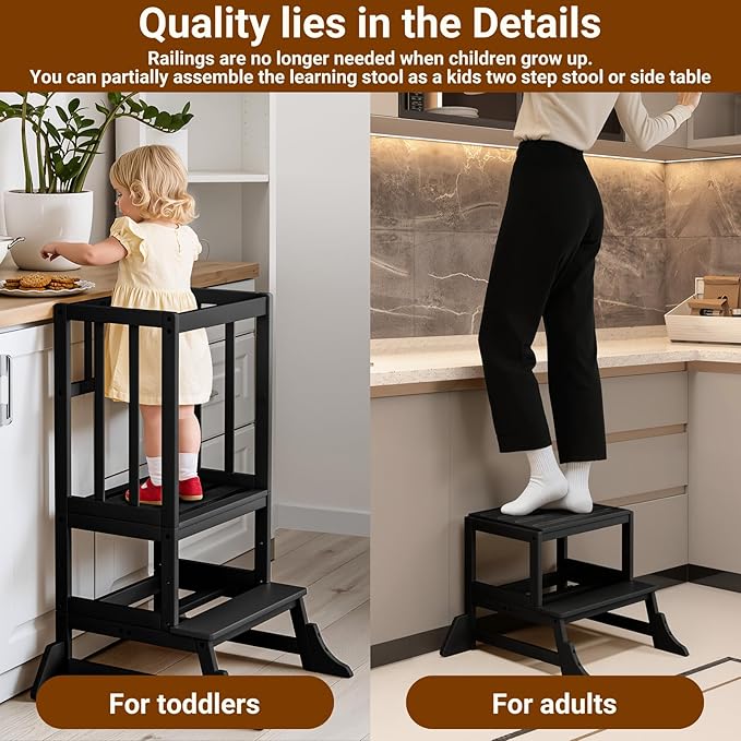 COSYLAND Kitchen Tower for Toddlers with Anti-Tip Support – Lightweight Toddler Kitchen Stool Helper for Bathroom Living Room Dining Room – Solid Bamboo Standing Tower (Black)