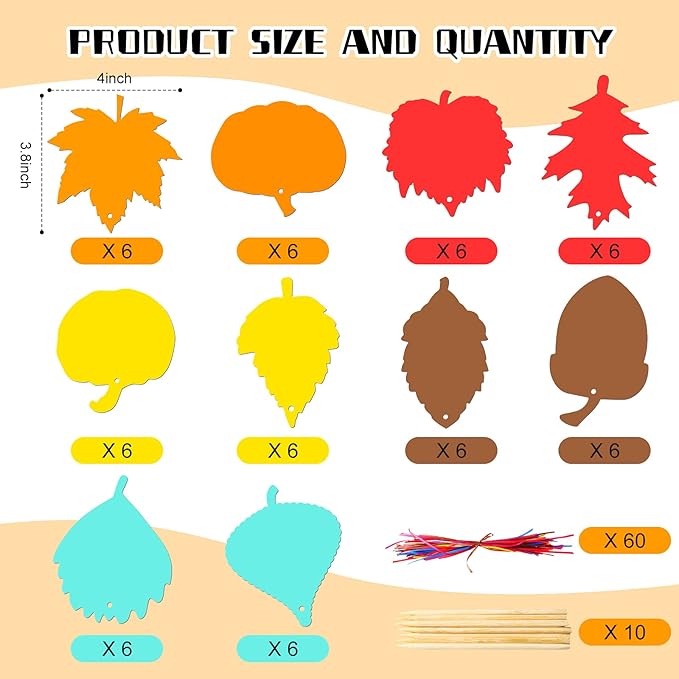 Kasyat 60 Pieces Thanksgiving Scratch Paper Art Set, Fall Scratch Craft Art Colorful Fall Leaves with 60 Pcs Colored Ribbons 10 Pcs Sticks for Kids Autumn DIY Supplies