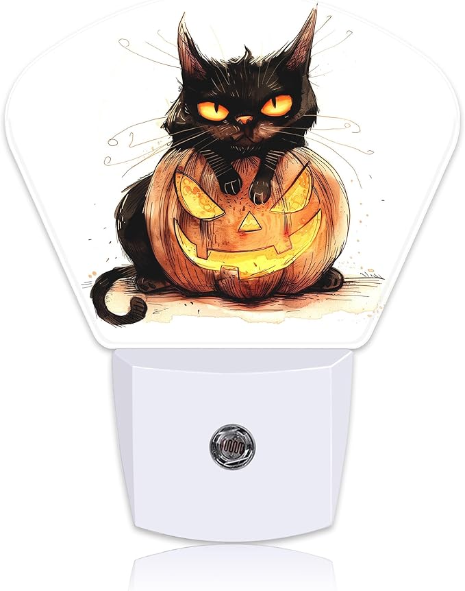Halloween Black Cat Night Light for Kids, Halloween Pumpkin LED Night Light Plug into Wall with Dusk to Dawn Sensor for Girls Boys Women Men Bedroom, Hallway, Kitchen, Bathroom, Stairs Decor