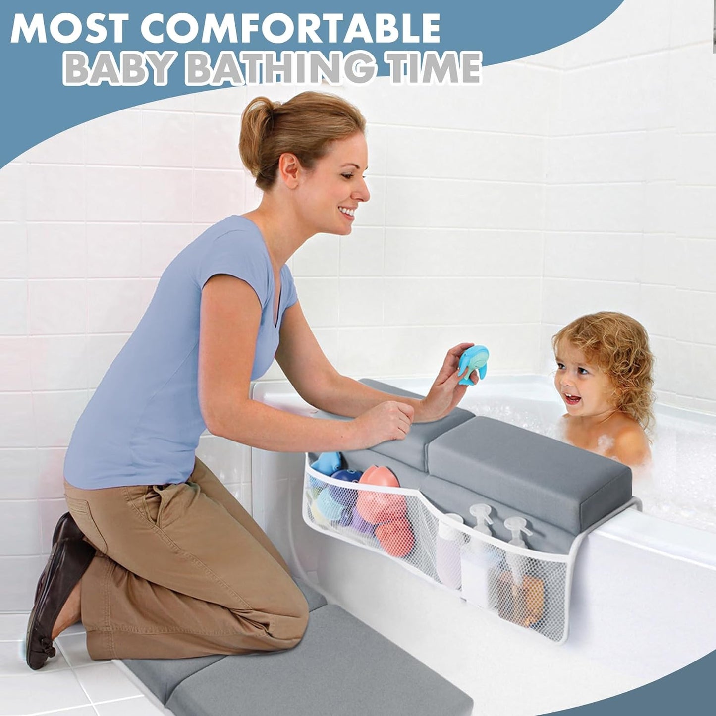 beiens Bath Kneeler and Elbow Rest Pad Set - 1.5'' Comfortable Thick Baby Bath Kneeler Pads, Quick Dry Soft Kneeling Pad for Baby Bath Time, Non-Slip Knee& Arm Support Bathtub Mat with Toys Organizer
