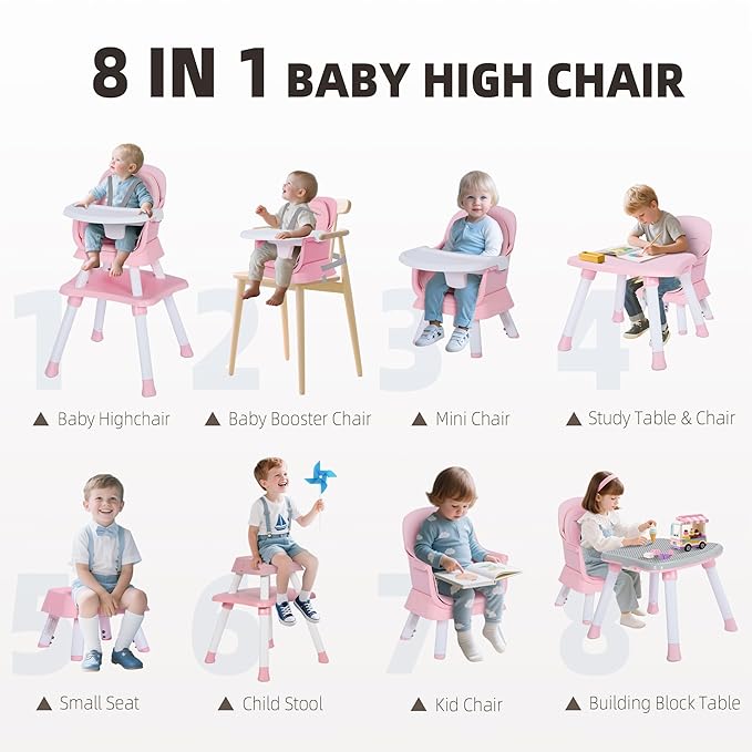 8 in 1 Baby Highchair, Convertible High Chair for Babies and Toddlers, Booster Seat w/5-Point Safety Belt, Toddler Building Block Table, Dishwasher Safe Tray, No Tool Install, Pink