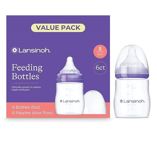 Lansinoh Anti-Colic Baby Bottles for Breastfeeding Babies, 5 Ounces, 3 Count, Includes 3 Slow Flow Nipples, Size S (Pack of 2)