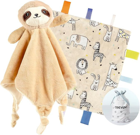 CREVENT Cozy Plush Baby Security Blanket, Loveys for Baby Girls and Boys, Birthday (Sloth + Tag)