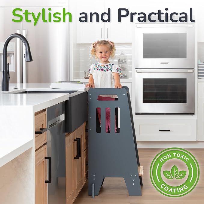OCODILE Toddler Tower with a Sliding Door and 3 Adjustable Heights - Complete Toddler Kitchen Stool Helper with Support Feet - Safe Design for 18+ Months to 6-Year-Old Kids - Gray
