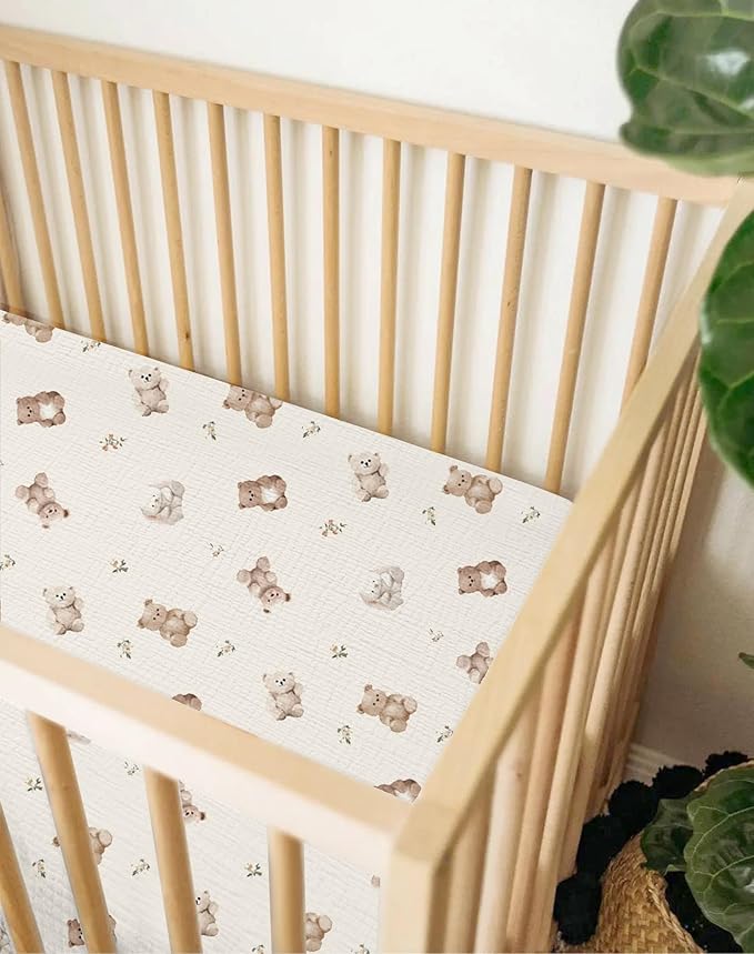 Mini Crib Sheets for Baby Boy Girl 2 Pack, Neutral Mini Crib Mattress Sheet 24" x 38", Muslin Nursery Bedding Soft and Breathable Comfort (Teddy & Friends)