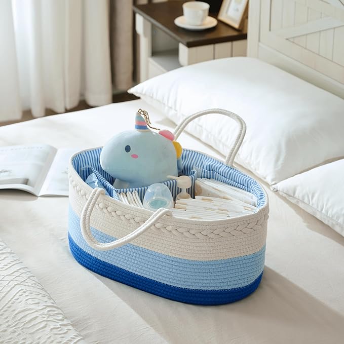 Baby Diaper Caddy Organizer, Extra Large Cotton Rope Nursery Diaper Basket, Changing Table Organizer, Portable Tote Bag with Divider, Car Storage, Baby Shower Gifts for Newborn Boys - Blue