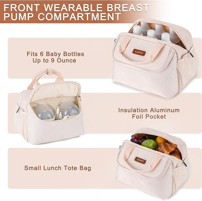 Breastmilk Cooler Bag with Ice Pack Fits 6 Baby Bottles up to 9 Ounce, Wearable Breast Pumps Cooler Bag for Nursing Mom Daycare, Work, Travel- White