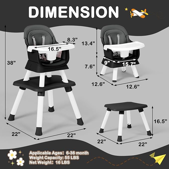 Baby High Chair, 8 in 1 Convertible Highchairs for Babies and Toddlers, Children Dining Booster Seat/Kids Building Block Table for Girls Boys, Baby Seat with Removable Tray, Grey