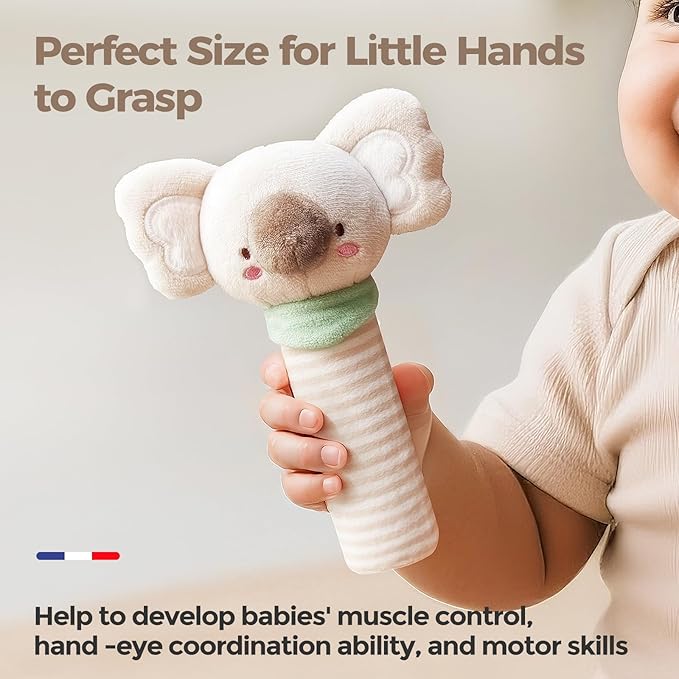 Evoceler 2 PCS Koala Rattles & Shaker Toys with Embroidered Details, Wooden Teething Ring Baby Toys, BPA-Free Sensory Toys for 0-3-6-12 Months, Squeaky Infant Toy, Ideal Baby Shower Boy Girl Gift