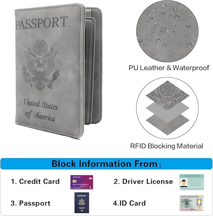 Melsbrinna RFID Passport Holder for Travel, Unisex Adults, Grey, PU Leather, RFID Protected, Passport Cover