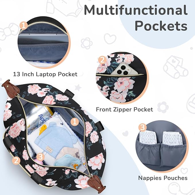 Diaper Bag Tote, Baby Bag Travel Diaper Tote Bag with Pacifier Case, Cute Maternity Hospital Baby Stylish Diaper Tote for Mom Dad Medium Size, Black Pink Floral