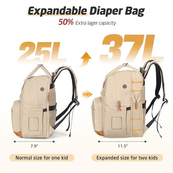 Diaper Bag Backpack - Extra Large Diaper Bag for 2 Kids Twin, Travel Baby Bags for Mom Dad 25-37L Expandable with Changing Pad Earphone Hole, Solid khaki
