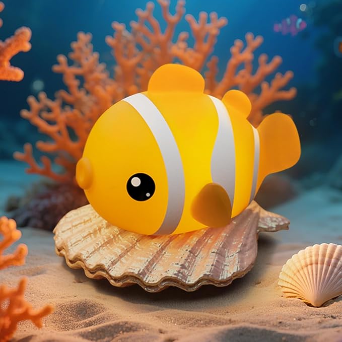 Cute Clownfish Night Light - Silicone Pat Pat Lamp with 3-Level Brightness Adjustment, Timer Function, Rechargeable Touch Control Nursery Nightlight for Baby Bedroom Decor