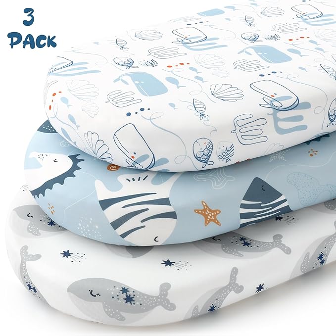 Yoofoss Bassinet Sheets for Baby,3-Pack Fitted Bassinet Sheets Set Compatible with Halo Bassinest Swivel Sleeper,Baby Delight,Angelbliss,Soft Breathable Bassinet Mattress Sheets (Blue+Seahorse)