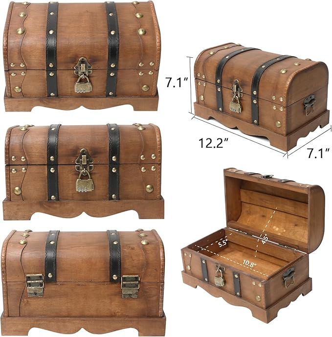 Vintage Wooden Treasure Chest Decorative Box with Lock - 12.2" x 7.1" x 7.1", Brown