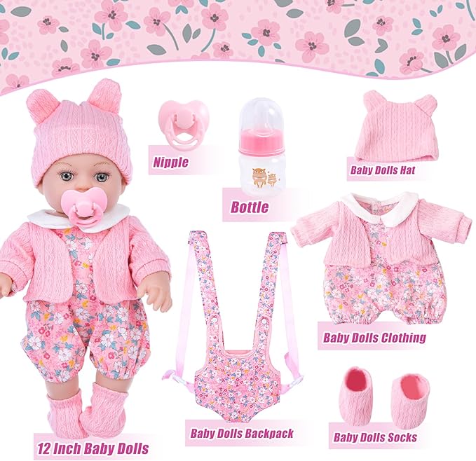12" Baby Doll Set with Clothes and Baby Carrier for Dolls Reborn Baby Doll Accessories Include Feeding Bottles Nipple Toy Stuffs for Kids Age 3+