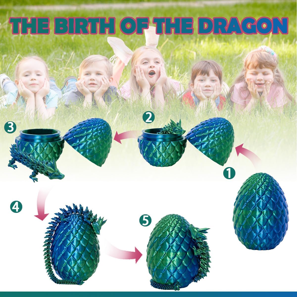 3D Printed Dragon Eggs with Dragon Inside, 12In Laser Blue Green Dragon Egg Fidget Toy, Executive Desk Articulated Dragon Toy, Home Office Decor