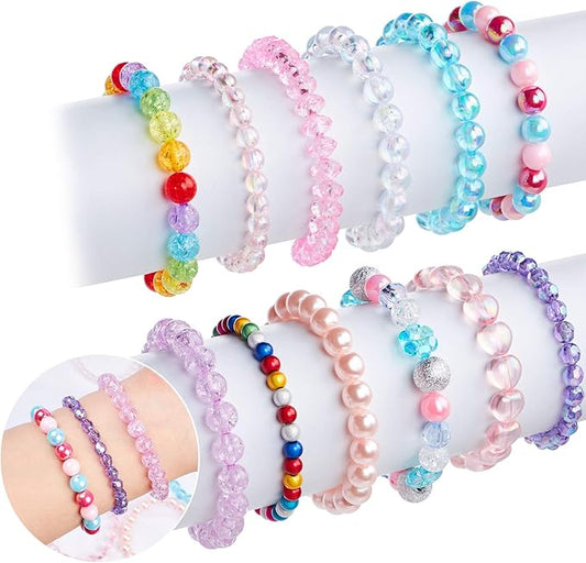 Lorfancy 12 Pcs Girls Beaded Bracelets Rainbow Baby Toddler Cute Friendship Stretchy Costume Jewelry Set