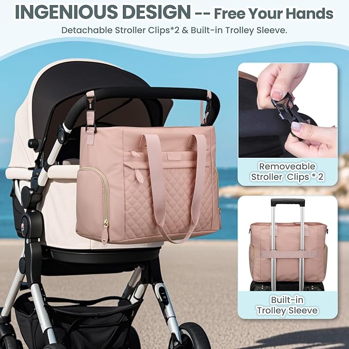 Diaper Bag Tote for Working Mom, Large Travel Diaper Tote for Mom and Dad with 14 Inch Laptop Sleeve, Mommy Maternity Travel Baby Bag for Boys and Girls, Pink