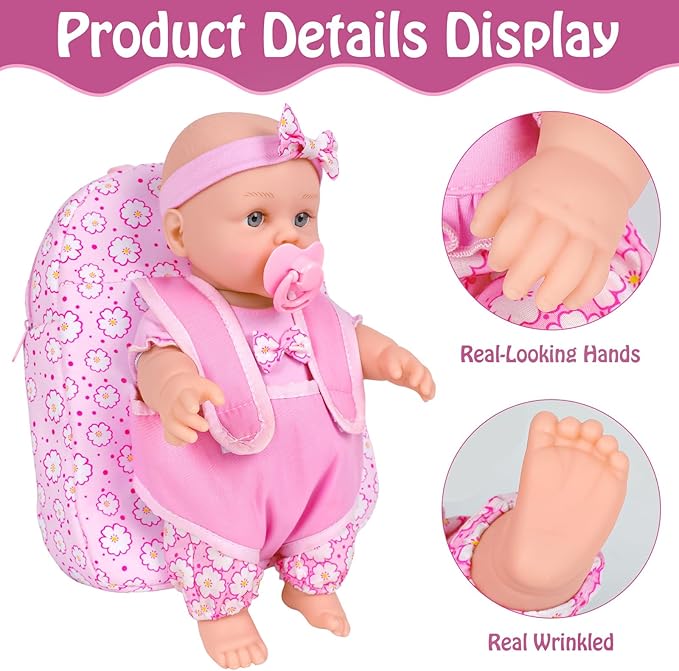 12 Inch Baby Dolls with Backpack Carrier Can Store Doll Clothes and Accessories,12" Reborn Baby Doll Set in Gift Box with Feeding Bottle Nipple Diaper for Kids Toddler Age 3+