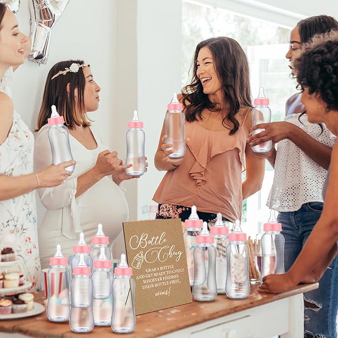 TrelaCo Cool Baby Shower Games Wooden Bottle Chug Sign Rustic Theme Gift Sets and 12 Pcs Baby Bottle Shower Favor for Kraft Games Gender Reveal (Rustic Kraft)