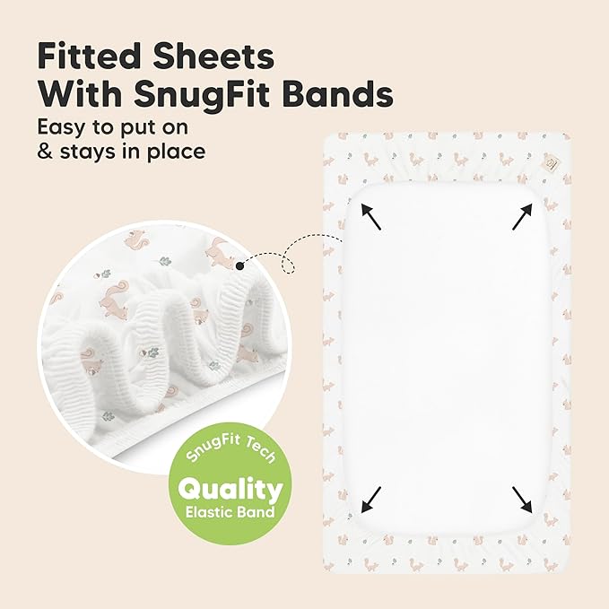 2-Pack Waterproof Baby Crib Sheets for Boys, Girls - 52x28 Viscose Derived from Bamboo Toddler Bed Sheet Neutral, Fitted Crib Mattress Protector Cover for Baby Bedding, Soft & Gentle (Nibbles/Bruce)
