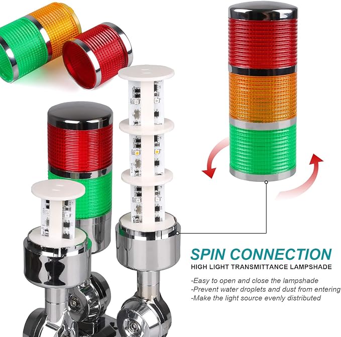 12-24V LED Stack Tower Lights, Industrial Warning Lights, Andon Lights, Column Signal Tower Indicator Lamp Beacon, Continuous/Flashing Light Switchable, 3 Layer (with Buzzer)