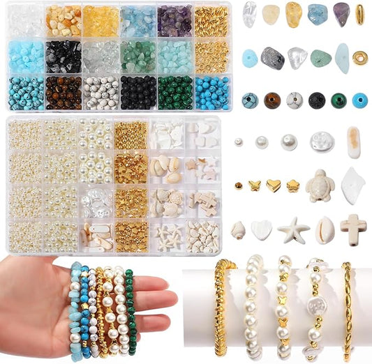 Jewelry Making Kits for Adults Women, 2000pcs 20 Colors Pearl Beads Crystal Beads Shell & Turquoise with Gold Beads Beading Kit for Bracelets, Necklace, Ring DIY Crafts Jewelry Making Supplies