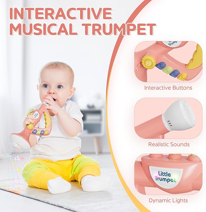 Contixo KT2 Musical Trumpet Toy for Kids, Pink Baby Educational Music Toys with Light Effects, Adjustable Volume, Multiple Rhythms, Easy Play Modes, Realistic Whistle Sounds for Toddler Boys Girls
